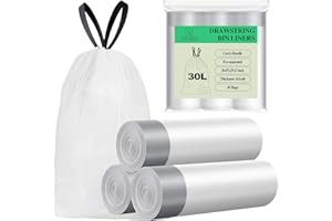 Yolaist Bin Bags 30L, 20um Strong Tall Kitchen Pedal Bin Liners, 45 Counts White 30L Bin Liners with Tie Handle, Thicken, Quick Dispense