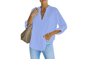 NONSAR Elegancka bluzka damska z dekoltem w serek Henley, zwijane rękawy, luźna bluzka