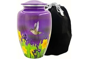 MAINELY URNS Mystic Hummingbird Adult Urn for Ashes - 200 Cubic Inch Capacity Cremation Urn - Large Metal Urn for Human Ashes - Gorgeous Purple Urn with Yellow Flowers and Gray & Blue Hummingbird