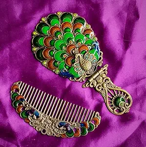 CREATIVE HUB Handicraft Metal Hand Mirror and Comb for Girls and Boys (Multicolour) Metal Hand Mirror and Comb/ Antique Work Beautiful Comb and Mirror Set for Women and Girls,17.5 x 8.5 cm