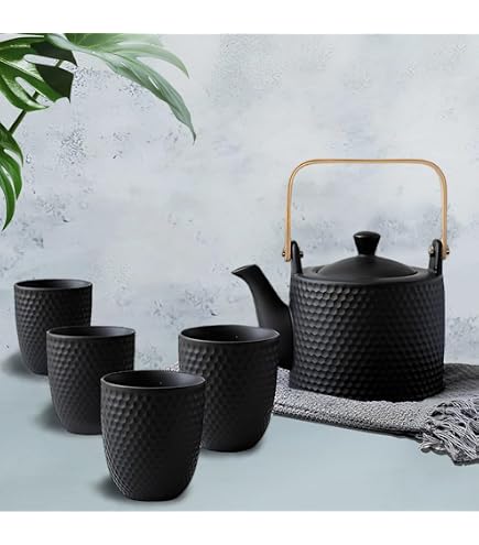 KKGUD Japanse Theeset Marmer - Theepot, 4 Kopjes & Houten Dienblad Wit