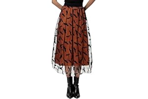 SANGDUT Halloween Damen Rock, Samt Fledermäuse Mesh Tüllrock Elastischer Hoher Bund A Linie Swing Midirock