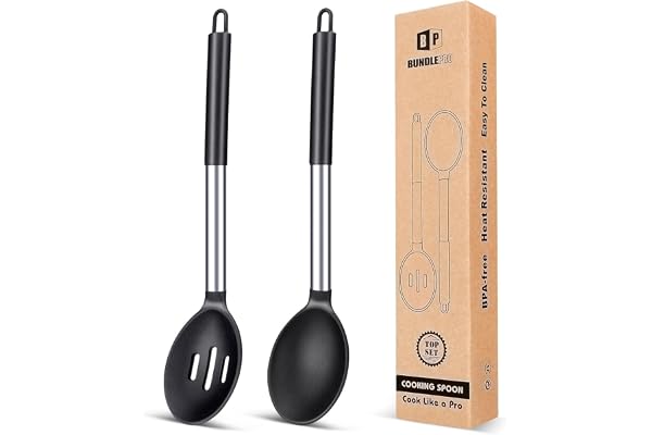 Lot de 2 grandes cuillères de cuisine en silicone, cuillère à badigeonner solide antiadhésive, ustensiles de cuisine résistants à la chaleur pour mélanger, servir, égoutter, remuer (Noire)