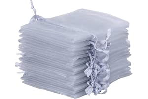 RKC DIVINE DESIGN BY RKC JEWELZ LONDON x 50PCS Silver 7x9cm Organza Gift Bags Small Jewelry Pouches for Presents, Wedding Favours, Soft Satin Drawstring Gift Bags