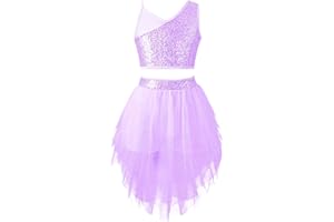 CHICTRY Enfant Fille Robe de Danse Ballet Latine Haut de Danse de Rue Jazz Paillettes Crop Top sans Manches et Jupe Asymétrique Tulle Costume Performance Dancewear 6-16 Ans