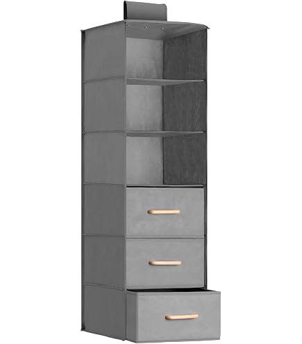 BrilliantJo Organiseur de Garde Robe à Suspendre 6 étagères avec 1 tiroir Amovible Flexible 1 divisé en 2 Rangement pour Placard, étagères suspendues avec 4 Poches pour vêtements Beige