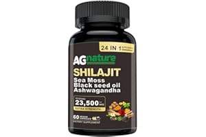AG nature Shilajit Puro Himalayano Originale Forte 60Cps | Complex 24 in 1 da 23,500mg con Ashwagandha, Ginkgo Biloba, Muschio Marino, Olio di Semi di Cumino Nero