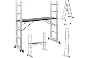 Gimisgu Gerüst, 4 in 1 Alu Multifunktionsleiter 6+6 Stufen, Mobile Mehrzweckleiter mit Plattform und 2 Räder, Arbeitsgerüst, Arbeitsbühne, Belastbar bis max. 150 Kg, Silber