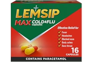 Lemsip Max Cold and Flu, Paracetamol Capsules, Lemon, 16 Total, Fever, Headache, Nasal Congestion Relief, Max Strength, Effective Relief, Medication