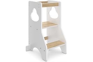 COSYLAND Torre de Aprendizaje Montessori de Madera para Niños Desde 18 Meses – Altura Ajustable en 3 Niveles – con Barandillas de Seguridad – Estable y Fácil de Montar – Natural y Blanco, Disco