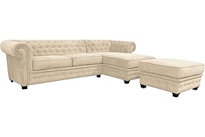 SOFAS AND MORE Chesterfield Style Corner Sofa Set 3+2 Seater Armchair Cream Fabric (Right Hand Corner With Footstool)