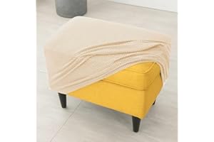 Highdi Ottoman Cover Rectangle, Solid Color Jacquard Thickening Stretch Footstool Slipcover, Protector Cover with Elastic Bottom, Removable Washable Dustproof Footrest Pouffe Covers (Beige)