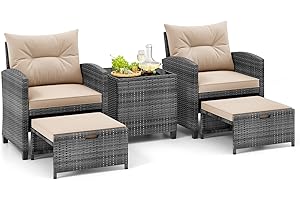 COSTWAY 5-Piece Rattan Garden Furniture Set, Patio Conversation Set with 2 Chairs, 2 Stools, Glass Top Coffee Table and Thick Cushions, Balcony Wicker Weave Outdoor Sofa Seating (Beige+Mix Grey)