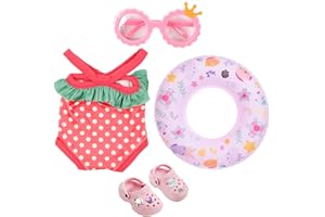 SHOWHEEL Traje de Baño para Muñecas,Conjunto de Baño para Muñecas,4 Piezas con Bañador para muñecas de 43 cm,Pantuflas,Gafas de Sol y Anillo de natación,Tema Animal,Regalos para Niñas