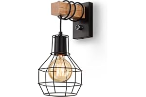 Glighone Applique Murale Intérieur Industrielle, Vintage Abat-jour Cage Dimmable avec interrupteur Luminaire Murale, E27 Métal et Bois Corde, pour Salon, Salle à Manger, Couloir, Noir (sans ampoule)