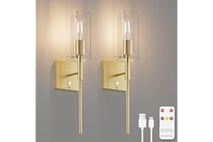 K-Bright 2PCS 6000mAh Lámpara de Pared de la Batería con Pantalla de Cristal, Regulable, Aplique de Pared Interior Sin Cable con Mando a Distancia, para Dormitorio, Cuarto de Salón (Dorado)