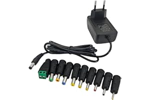 JZK Adaptador de Corriente 12V 1A, Adaptador de Fuente de Alimentación AC/DC con 10 Conectores DC para Tira LED, Altavoz, Cámara CCTV, Radio, Carcasa, Ventilador, Cargador de Reemplazo, 12V 1000mA Máx