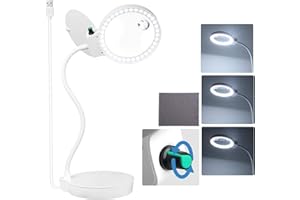 JUOIFIP La loupe à LED Blanche 10X 20X Grande loupe réglable Mains Libres avec lumière et Support est Un Bon Outil pour Les Loisirs, la Lecture, l'artisanat et Le Bureau