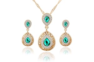 AILUOR Waterdrop Crystal Jewelry Set, Retro Vintage Celtic Knot Waterdrop Green Gemstone Water Drop Pendant Necklace Stud Earrings Jewelry Set for Women Mother Bridal Wedding