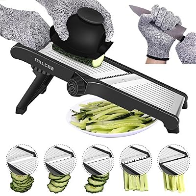 MILCEA Mandoline, Acier inoxydable Mandoline réglable de cuisine Nourriture Mandoline à légumes Julienne trancheuse pour fruits et légumes à partir de fin à 6 mm avec 6 lames en acier inoxydable Black Noir