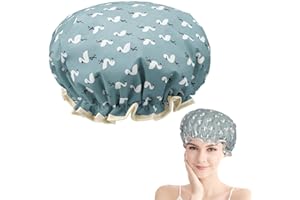 YUNYU Double Layer Shower Cap for Women Waterproof Reusable Elastic Band, Ruffled Edges Covering Ears for Long, Short & Curly Hair (Blue Bird)