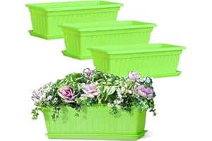 BSTMOME 4 Pack Rectangular Window Planter Box Plastic Vegetable Planters, Flower Planter Garden Pots with Tray for Windowsill Patio Garden Home Décor Porch Balcony (Green)