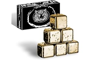 BOENKUSH Whisky Steine – 6 Wiederverwendbare Edelstahl Metall Eiswürfel Getränke kühl Whisky Steine für Rotwein, Bier, Scotch, Wodka-Getränke – Golden