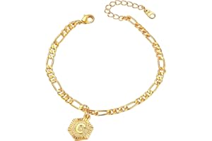 FOCALOOK Yellow Gold Plated Initial Anklets for Women Summer Jewellery 4.5mm Figaro Foot Chain Adjustable 8.5inch with 2inch Extender for Large Size(Send Gift Box)