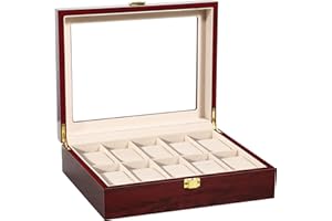 Uten Caja de Relojes de 10 Ranuras, Caja de madera para Reloj Ventana Transparente con Almohada Extraíble, Cierre de Metal, Marrón Rojo Watch Box