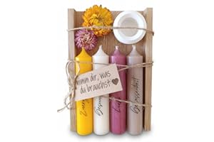 LIDAM Kerzen Geschenkset Geburtstagsgeschenk für Frauen oder Freundin | nimm dir, was du brauchst | Mitbringsel | Kerzenhalter Holzkiste mit Kerzen Deko und Strohblumen