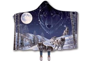 Chickwin Decke mit Kapuze, Kuscheldecke 3D Mode Sternenhimmel Wolf Drucken Plüschdecke Hoodie für Erwachsene Kind Couch Sofa oder Bett (150x130cm,Schneewolf)