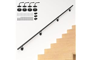 NArra 8FT Industrial Metal Stair Handrail,Round Pipe Stair Railing For Indoor/Outdoor Steps,Wall Mount Support Staircase Handrail,440LBS Load Capacity Hand Rails,Safety Grab Bar Porch Stairway Railing