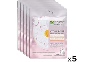 Garnier SkinActive, Maschera in tessuto super-idratante e lenitiva Hydra Bomb, Per pelli secche e sensibili, Camomilla, Confezione da 5