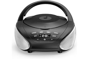 Gueray Reproductor de CD Portátil Boombox Radio CD Compacto con Altavoces Estéreo Radio FM Entrada AUX 3.5 mm Jack para Auriculares y Pantalla LCD para Interiores Exteriores Viajes (Negro + Plata)