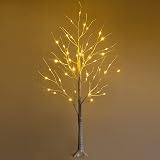 Albero da tavolo in betulla bianca, albero di Natale illuminato con foglie verdi artificiali e 24 LED bianchi caldi per camino, camera da letto, casa, feste, matrimoni, decorazioni natalizie, mini