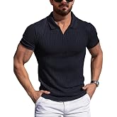 AIYINO Mens Polo Shirts Short Sleeve Knitted Slim Fit Summer Golf Tops | Stretchy knit wicks sweat, sleek V neck shapes muscl