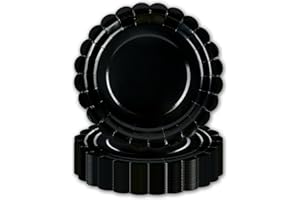 HFBOBP 50 Pcs Black Scalloped Paper Plates for Dinner and Dessert, Disposable Party Supplies Pack for Graduation Holiday Wedding Birthday Party Baby Shower Decorations