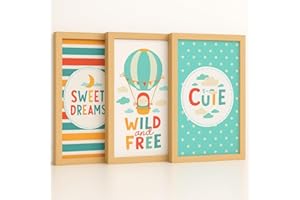 LENI LOTTE KINDERBILDER MIT HOLZRAHMEN | AUFHÄNGFERTIG | Bilder Kinderzimmer Deko Junge Babyzimmer Deko Mädchen Jungen Baby Zimmer Dekoration Kleinkinderzimmer Poster 3er Set Wandbilder A4 30x21 - KB02