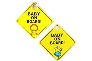 ALLY-MAGIC 2PCS Baby on Board Sign for Car Warning, Removable Kids Safety Warning Sticker Sign for Car Warning with Suction Cups Yellow Cute Lion Giraffe Pattern Y3BBJST (1)