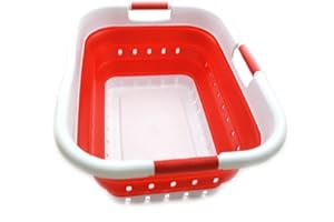 Sammart Panier à linge pliable rectangulaire en plastique avec 3 poignées - Boîte de rangement pliable et rétractable - Cuve de nettoyage portable - Panier peu encombrant (41 L), blanc/rouge