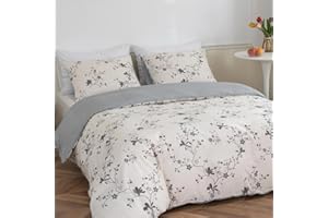 Lekesky Bettwäsche 220x200cm Super Weiche 100% Mikrofaser 3teilig - Bettwäsche-Sets 220x200 Bettbezug mit 2x80x80 cm Kopfkissenbezug mit Reißverschluss, Schlichtes Blumenmuster(weißlich)