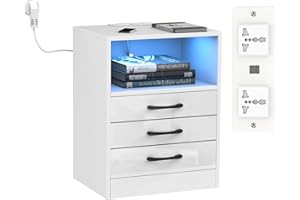 PIPIPOXER Nachttisch mit LED Beleuchtung, Beistelltisch in Weiß mit Steckdose und Anschlüsse, Nachttische aus Holz mit 3 Schubladen Nachschrank für Wohnzimmer,Schlafzimmer Bett 45x35x60cm Weiß