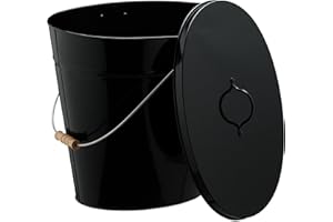 ‎RELAXDAYS Relaxdays Kosz na popiół z pokrywką, 18,5 l, uchwyt z drewnianym uchwytem, na węgiel i popiół, kominek, stalowy pojemnik na popiół, czarny