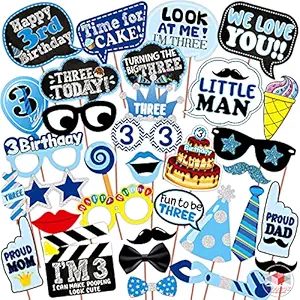 WOBBOX Third Birthday Photo Booth Party Props Blue for Baby Boy , 3rd Birthday Decorations for Boys , Kids Birthday Party Decoration Items