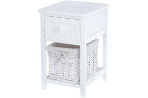 LIVIVO White Shabby Chic Wooden Bedside Cabinet – Ready Assembled Nightstand with Drawer & Cloth-Lined Wicker Basket – Vintage Bedroom Storage Unit, No Assembly Required