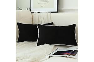 LIGICKY Set of 2 Black Velvet Lumbar Pillow Covers Modern Minimalist Style Solid Decorative White Rope Edging Soft Rectangle Cushion Cases for Sofa Bedroom Party Décor, 12 x 20 inch