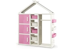 GYMAX Kids Clothes Closet, Children Dress up Storage Unit with Clothes Rail, Toy Bins, Shelves & Side Baskets, Toddlers Wardrobe for Bedroom Nursery (Pink)