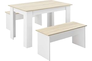 ‎[EN.CASA] [en.casa] Tisch- und Bank Set 3 teilig Essgruppe für 4 Tisch 110 x 70 cm mit 2 Bänken Tischgruppe Sitzgruppe Weiß/Eiche