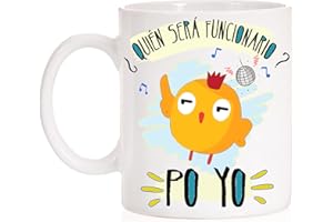 FUNNY CUP Taza Hombre ¿ Quién será funcionario ? Po Yo. Taza divertida de la frase famosa del pollo. Opositores
