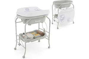 COSTWAY 4 in 1 Baby Changing Table, Folding Infant Nursery Station with Bath Tub, 4 Universal Wheels, PVC Pad and Storage Tray, Portable Newborn Massage Tables Diaper Organizer (Light Grey)